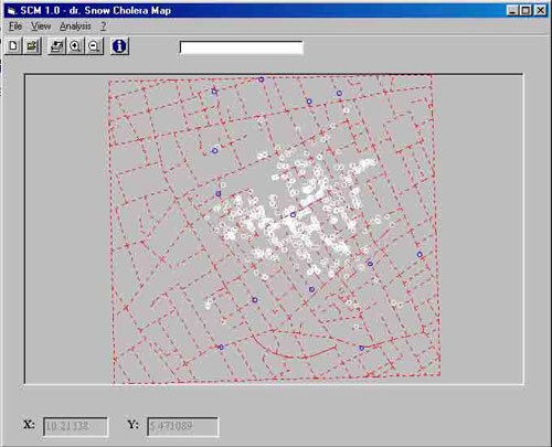 Visual Basic: spatial analysis application addressing epidemiological issues (cholera and water after famous  Dott. Snow case study) [Autore: Ezio Crestaz]